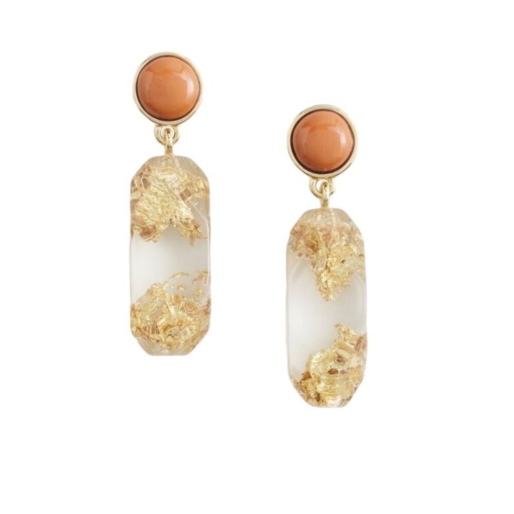Chico's No Droop™ Lucite Gold Foil Earrings NWT Neutral Earthcore Unique - Picture 4 of 9